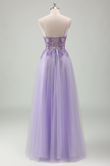 Sparkly viola A-Line Spaghetti Straps corsetto lungo Prom Dress con applicazioni